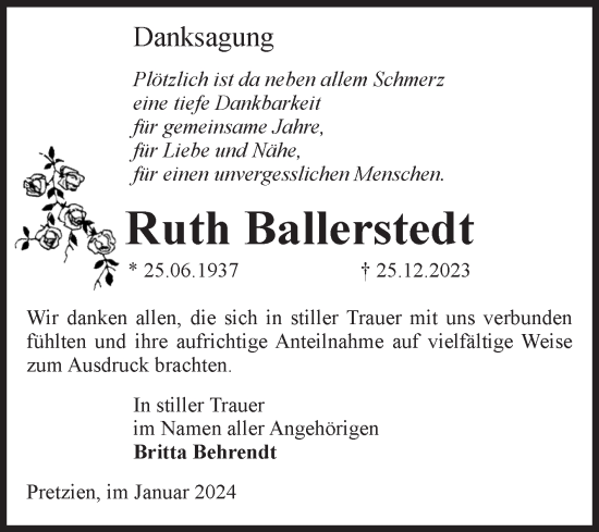 Traueranzeige von Ruth Ballerstedt von Volksstimme Schönebeck