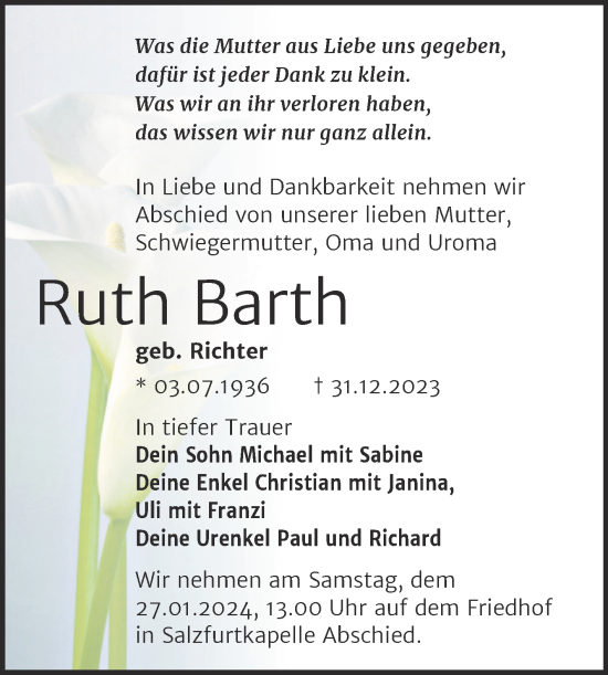 Traueranzeige von Ruth Barth von Trauerkombi Bitterfeld