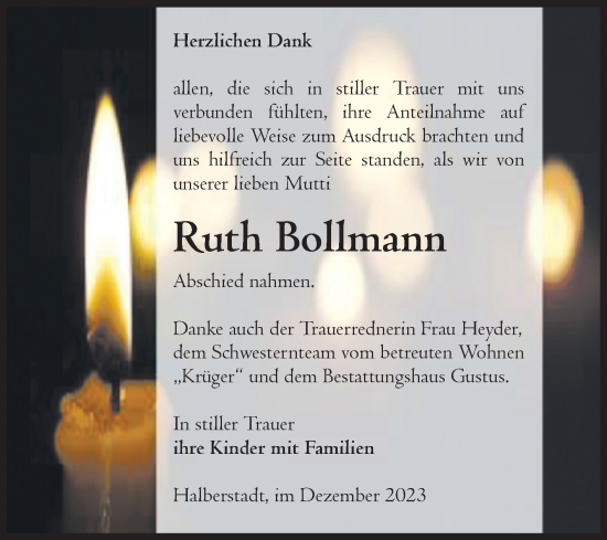 Traueranzeige von Ruth Bollmann von Volksstimme Halberstadt