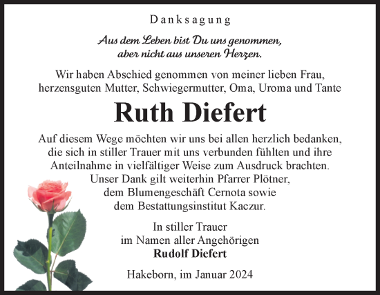 Traueranzeige von Ruth Diefert von Volksstimme Staßfurt