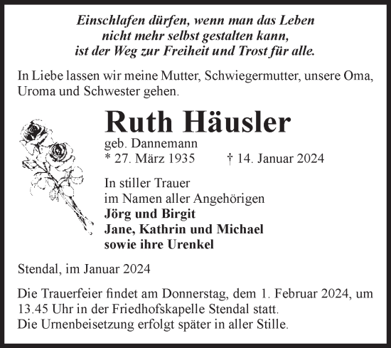 Traueranzeige von Ruth Häusler von Volksstimme Altmark Ost
