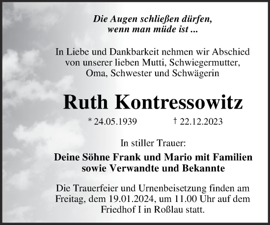 Traueranzeige von Ruth Kontressowitz von Trauerkombi Dessau