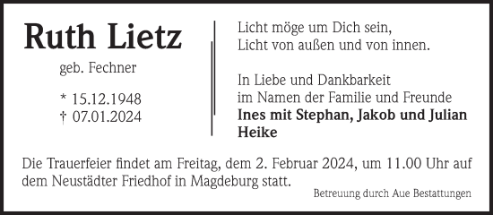 Traueranzeige von Ruth Lietz von Volksstimme Altmark West