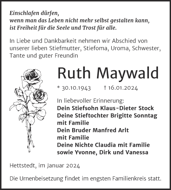 Traueranzeige von Ruth Maywald von Trauerkombi Mansfelder Land