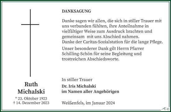 Traueranzeige von Ruth Michalski von Trauerkombi Weißenfels