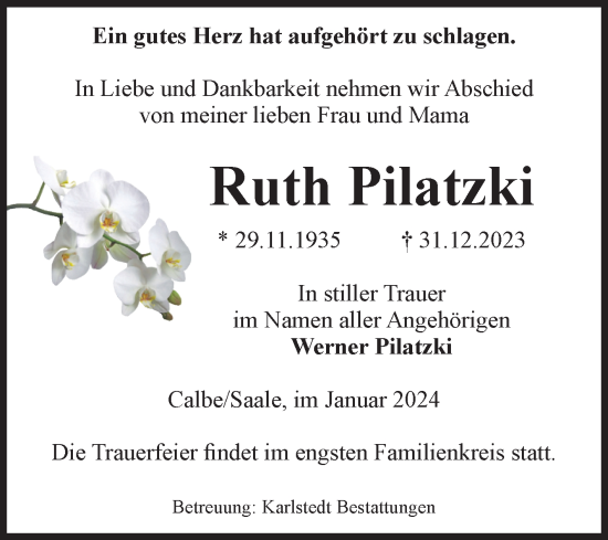 Traueranzeige von Ruth Pilatzki von Volksstimme Schönebeck