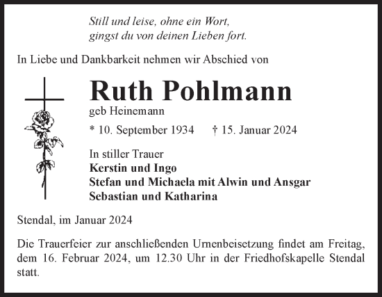 Traueranzeige von Ruth Pohlmann von Volksstimme Altmark Ost