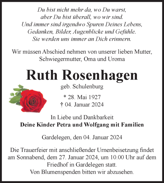 Traueranzeige von Ruth Rosenhagen von Volksstimme Altmark West