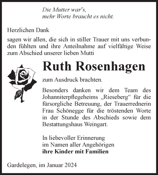 Traueranzeige von Ruth Rosenhagen von Volksstimme Altmark West