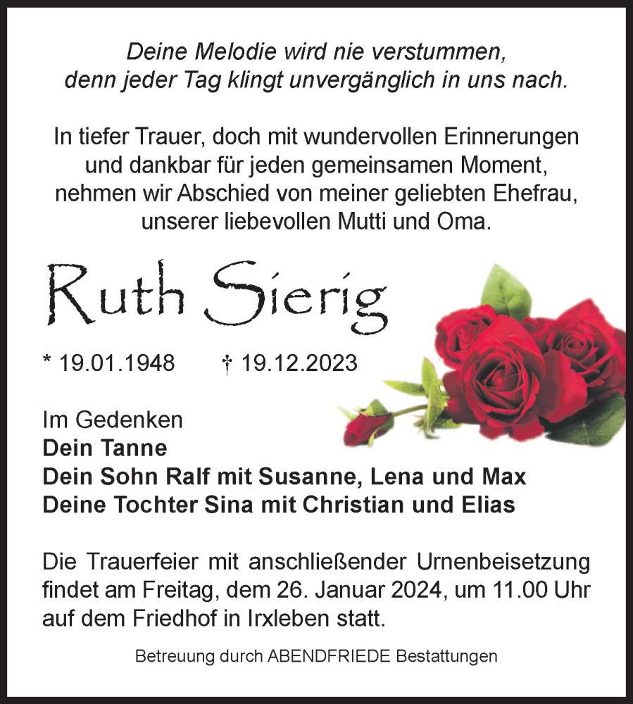  Traueranzeige für Ruth Sierig vom 13.01.2024 aus Volksstimme Haldensleben/Wolmirstedt