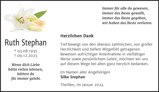 Traueranzeige von Ruth Stephan von Trauerkombi Zeitz