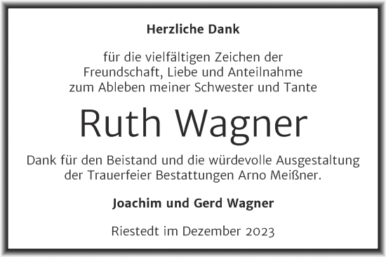 Traueranzeige von Ruth Wagner von Trauerkombi Sangerhausen