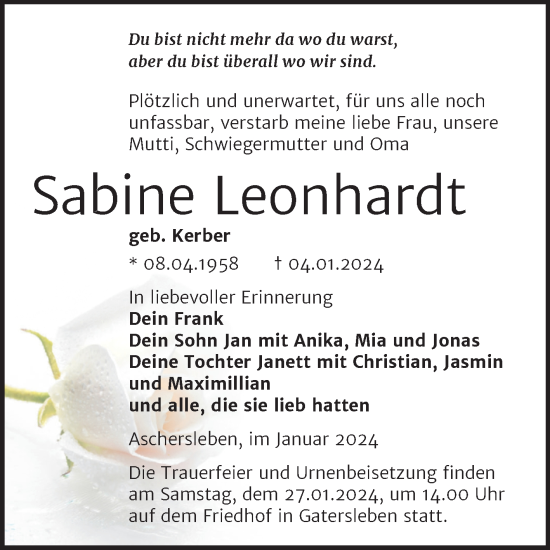 Traueranzeige von Sabine Leonhardt von Trauerkombi Aschersleben