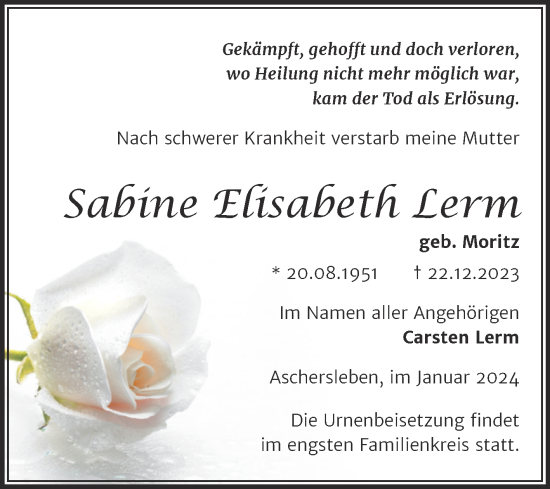 Traueranzeige von Sabine Elisabeth Lerm von Trauerkombi Aschersleben