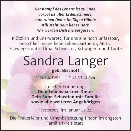 Traueranzeige von Sandra Langer von Trauerkombi Mansfelder Land