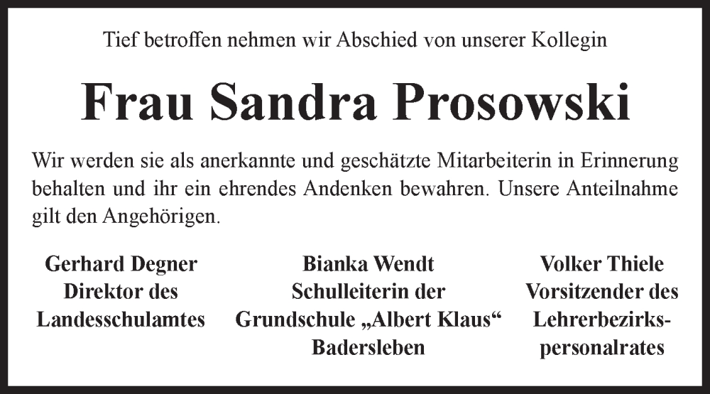  Traueranzeige für Sandra Prosowski vom 26.01.2024 aus Volksstimme Halberstadt