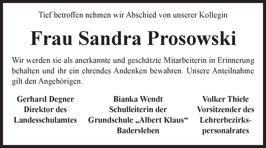 Traueranzeige von Sandra Prosowski von Volksstimme Halberstadt