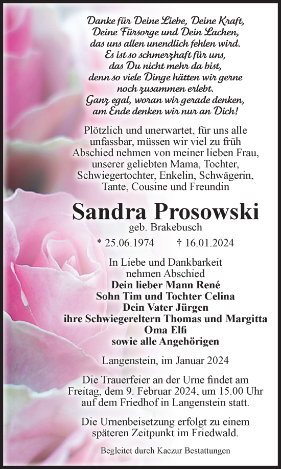 Traueranzeige von Sandra Prosowski von Volksstimme Halberstadt