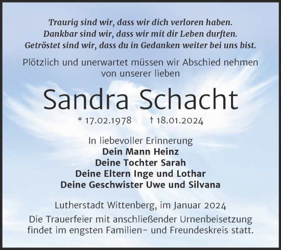 Traueranzeige von Sandra Schacht von Trauerkombi Wittenberg