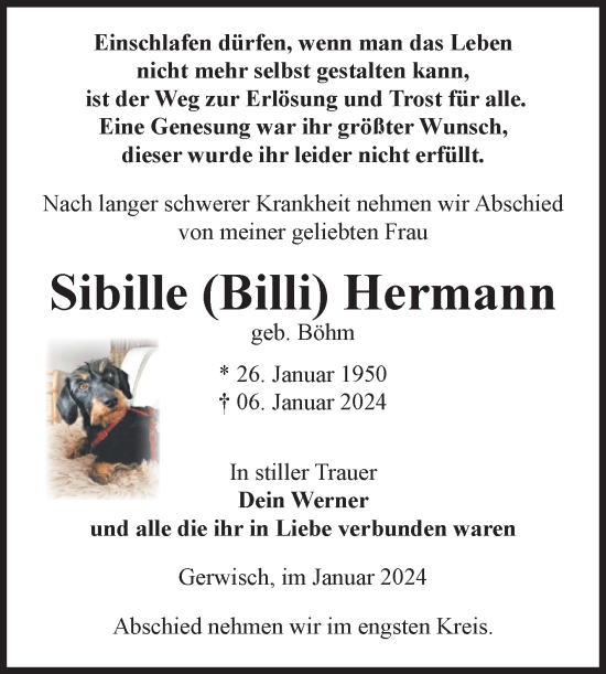 Traueranzeige von Sibille Hermann von Volksstimme Burg/Genthin