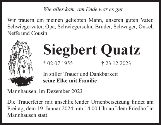 Traueranzeige von Siegbert Quatz von Volksstimme Haldensleben/Wolmirstedt