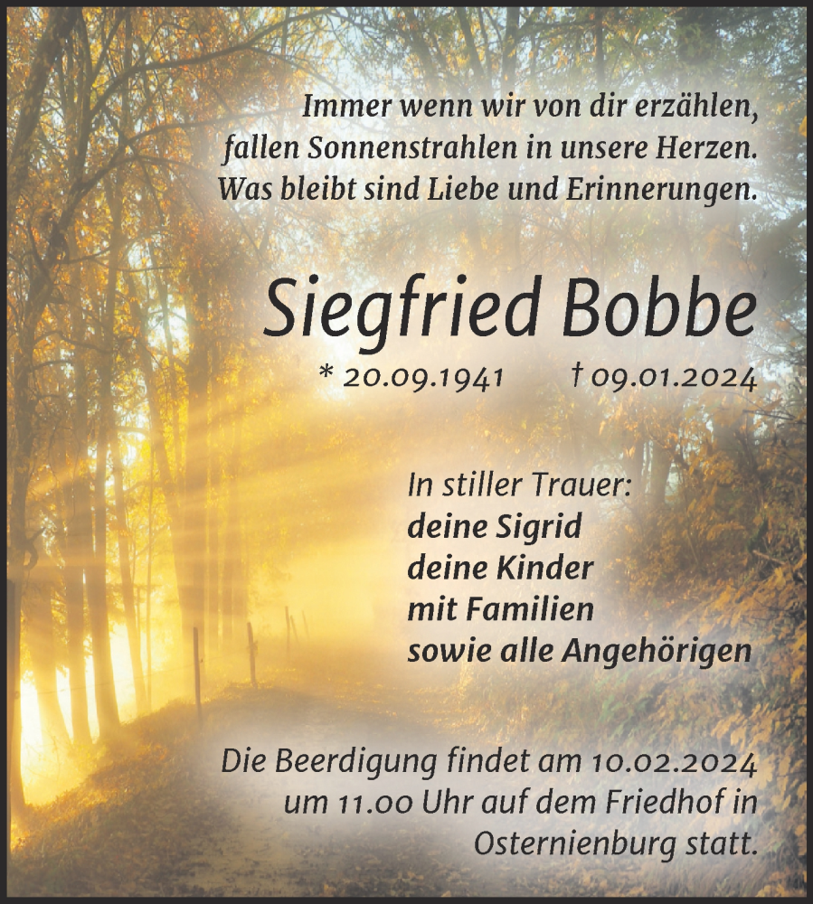  Traueranzeige für Siegfried Bobbe vom 20.01.2024 aus Trauerkombi Köthen