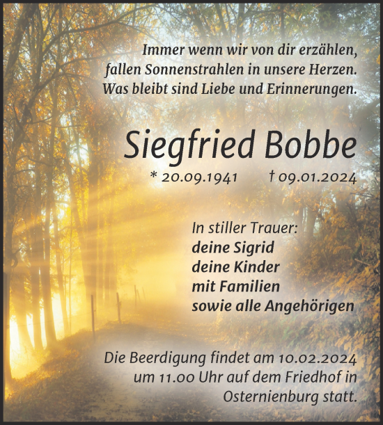 Traueranzeige von Siegfried Bobbe von Trauerkombi Köthen