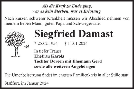 Traueranzeige von Siegfried Damast von Volksstimme Staßfurt