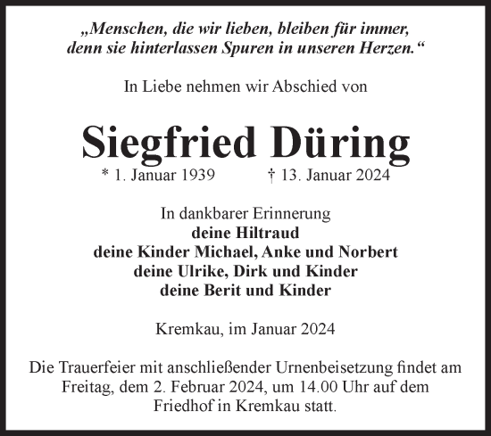 Traueranzeige von Siegfried Düring von Volksstimme Altmark Ost