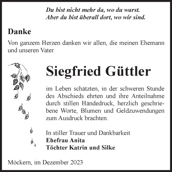 Traueranzeige von Siegfried Güttler von Volksstimme Burg/Genthin
