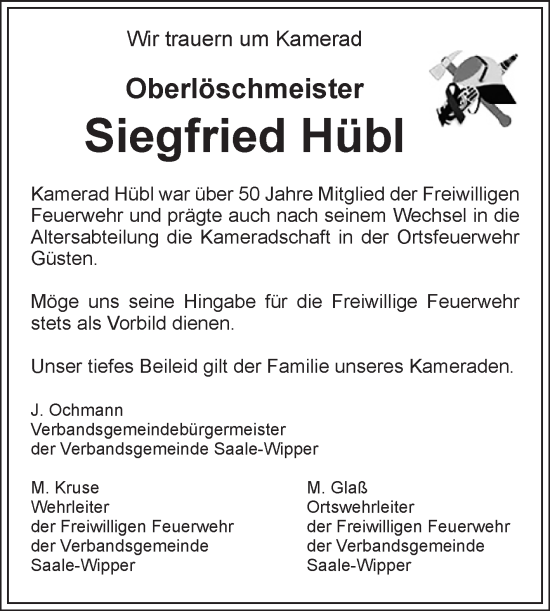 Traueranzeige von Siegfried Hübl von Volksstimme Staßfurt
