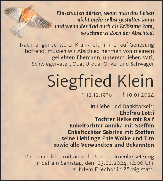 Traueranzeige von Siegfried Klein von Trauerkombi Bitterfeld