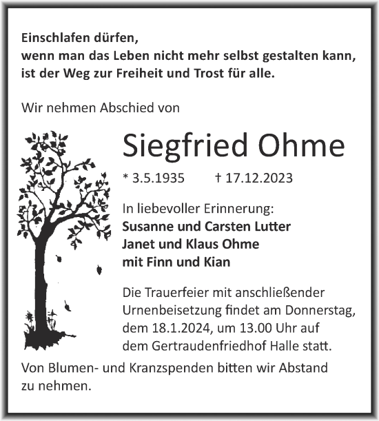 Traueranzeige von Siegfried Ohme von Mitteldeutsche Zeitung Halle/Saalkreis