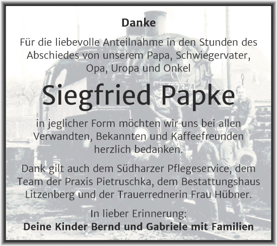 Traueranzeige von Siegfried Papke von Trauerkombi Mansfelder Land