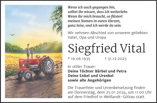 Traueranzeige von Siegfried Vital von Trauerkombi Köthen