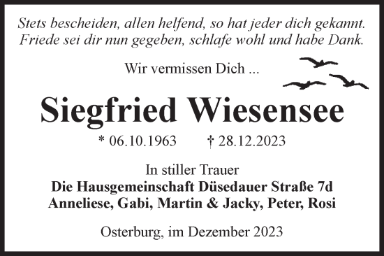 Traueranzeige von Siegfried Wiesensee von Volksstimme Altmark Ost