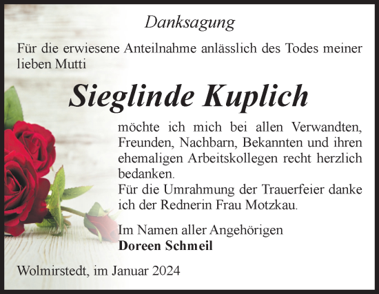 Traueranzeige von Sieglinde Kuplich von Volksstimme Haldensleben/Wolmirstedt