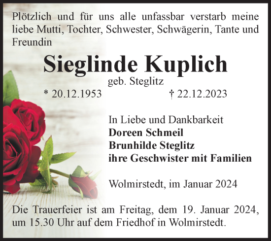 Traueranzeige von Sieglinde Kuplich von Volksstimme Haldensleben/Wolmirstedt