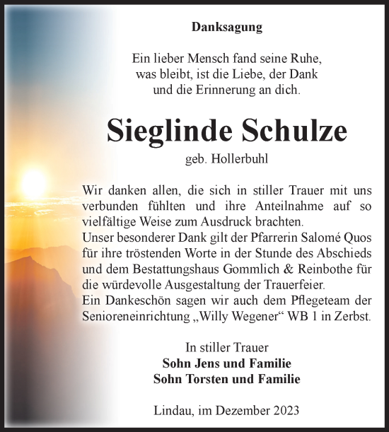 Traueranzeige von Sieglinde Schulze von Volksstimme Zerbst