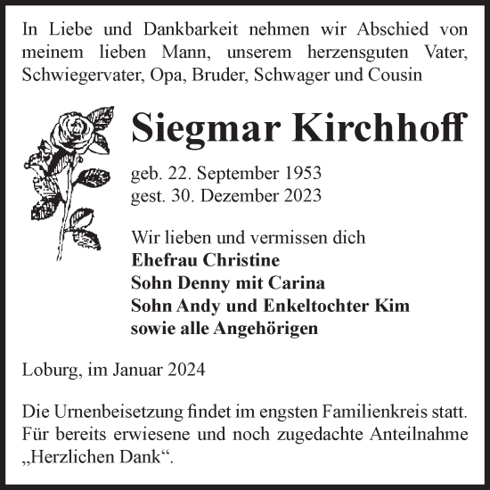 Traueranzeige von Siegmar Kirchhoff von Volksstimme Zerbst