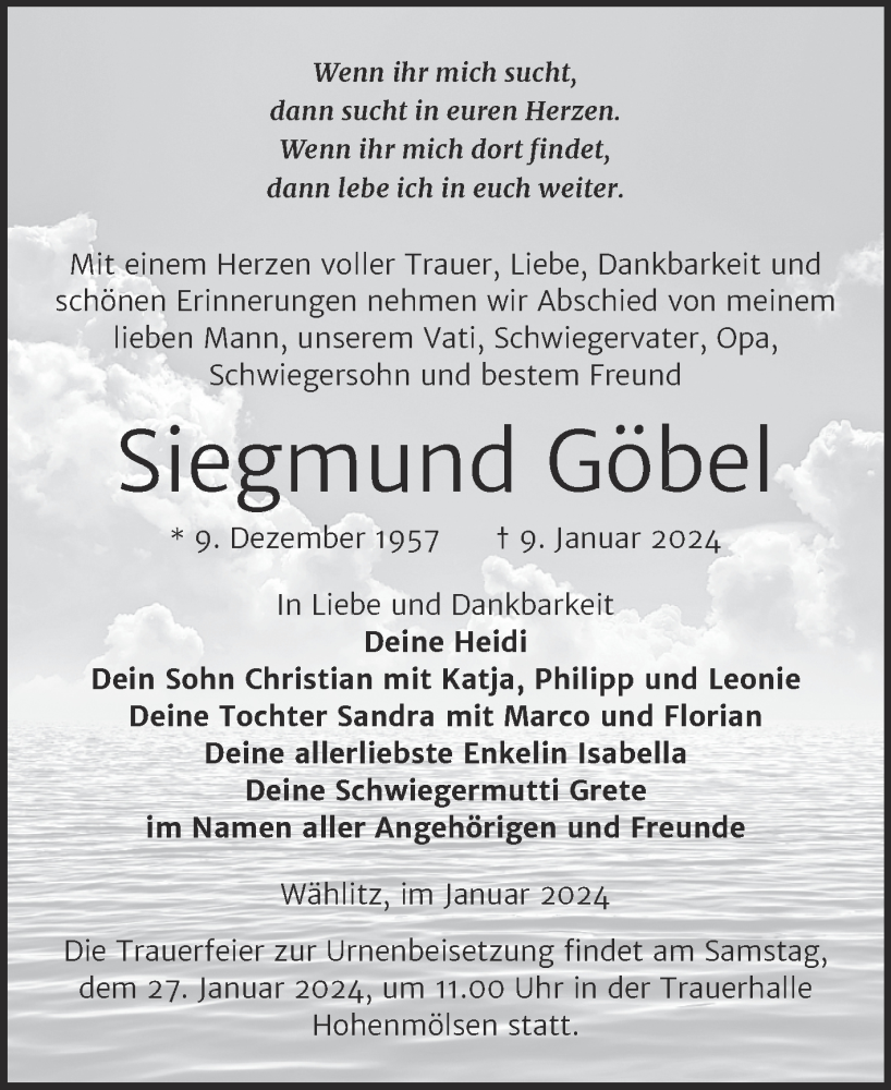  Traueranzeige für Siegmund Göbel vom 13.01.2024 aus Trauerkombi Weißenfels