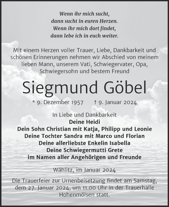 Traueranzeige von Siegmund Göbel von Trauerkombi Weißenfels