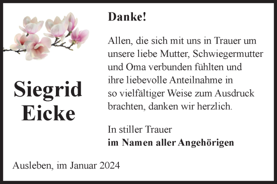 Traueranzeige von Siegrid Eicke von Volksstimme Oschersleben/Wanzleben