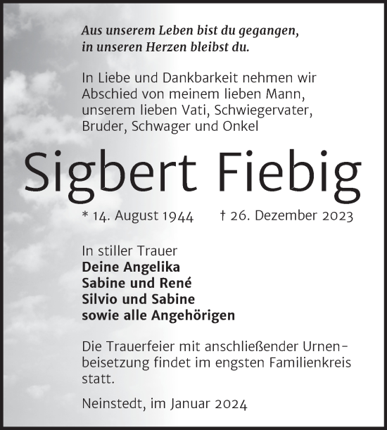 Traueranzeige von Sigbert Fiebig von Trauerkombi Quedlinburg