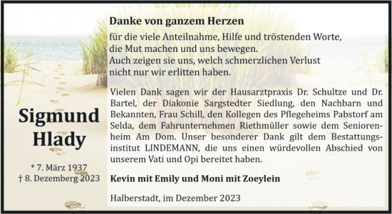 Traueranzeige von Sigmund Hlady von Volksstimme Halberstadt