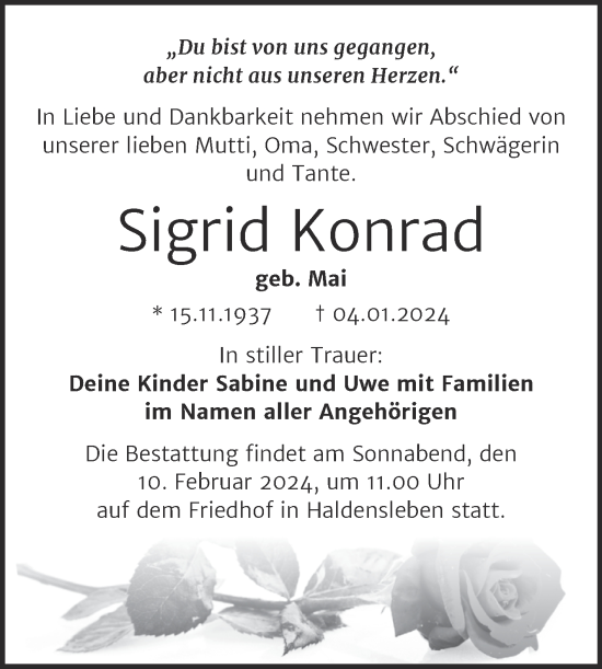 Traueranzeige von Sigrid Konrad von Volksstimme Haldensleben/Wolmirstedt