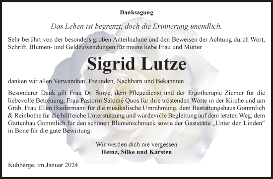 Traueranzeige von Sigrid Lutze von Volksstimme Zerbst