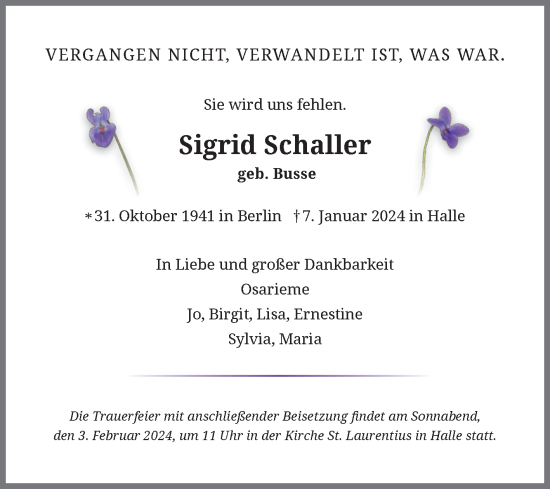 Traueranzeige von Sigrid Schaller von Mitteldeutsche Zeitung Halle/Saalkreis