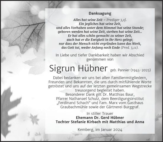 Traueranzeige von Sigrun Hübner von Trauerkombi Wittenberg