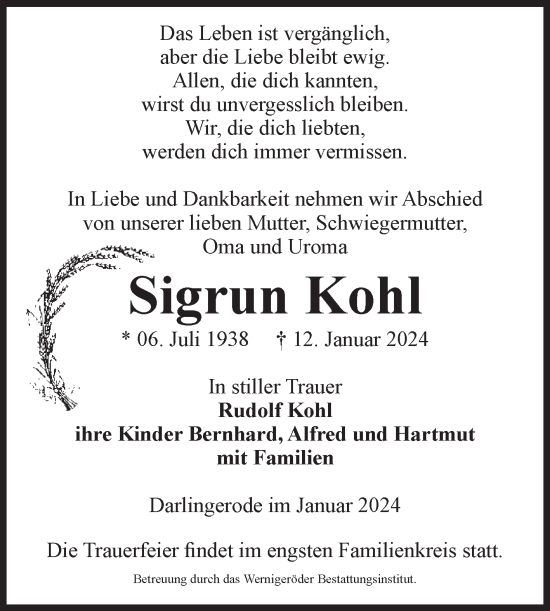 Traueranzeige von Sigrun Kohl von Volksstimme Wernigerode